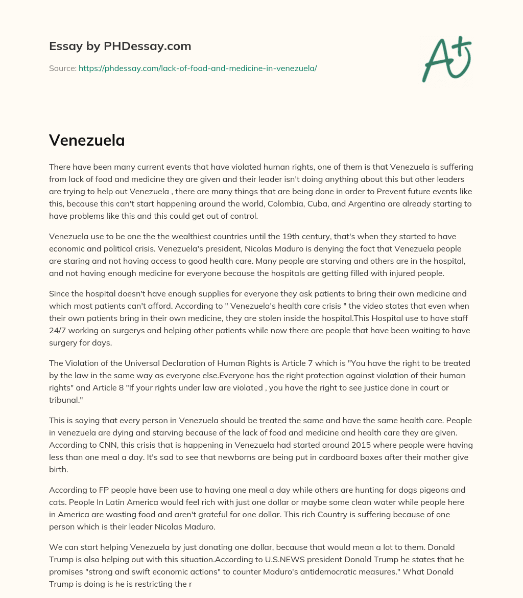 Venezuela’s Humanitarian Crisis: Lack of Food and Medicine essay