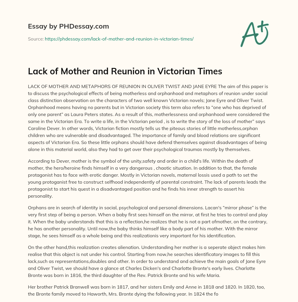 Lack of Mother and Reunion in Victorian Times essay