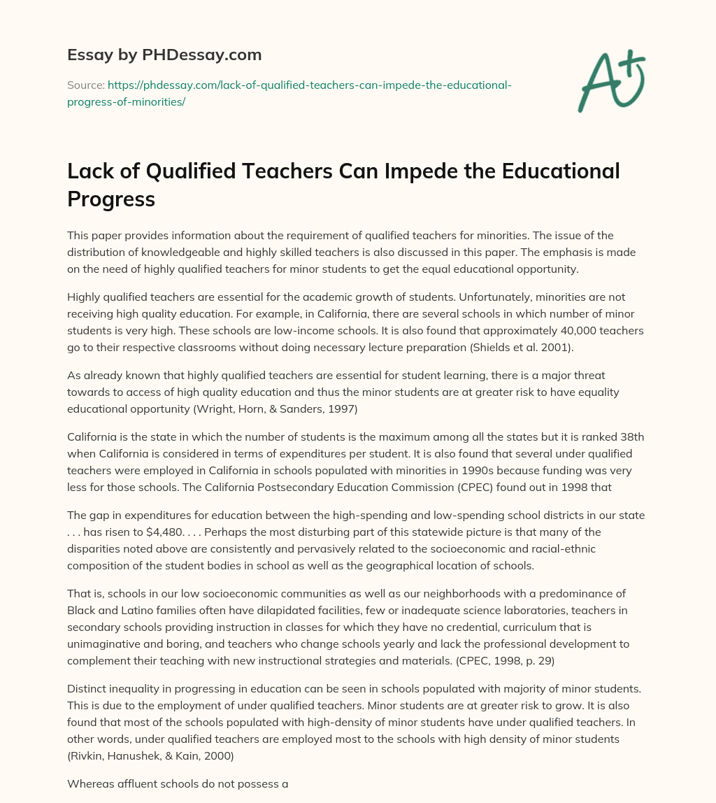 Lack of Qualified Teachers Can Impede the Educational Progress essay