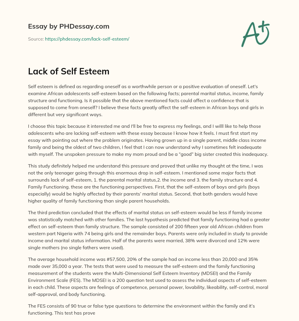 Lack of Self Esteem essay