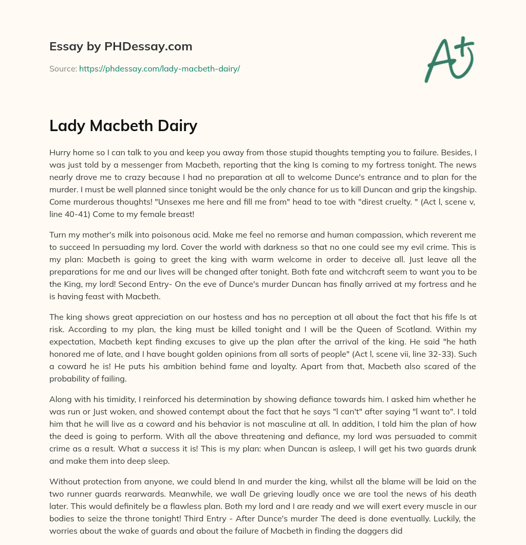 Lady Macbeth Dairy essay
