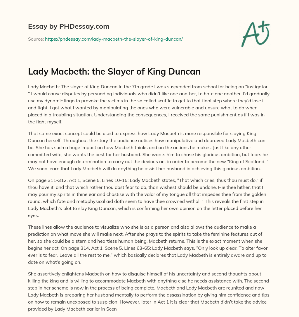 Lady Macbeth: the Slayer of King Duncan essay