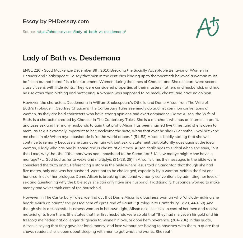 Lady of Bath vs. Desdemona essay