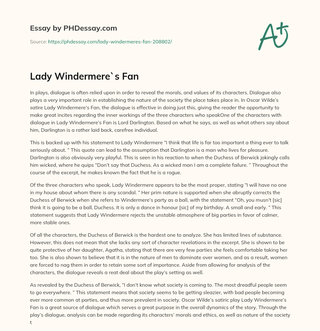 Lady Windermere`s Fan essay