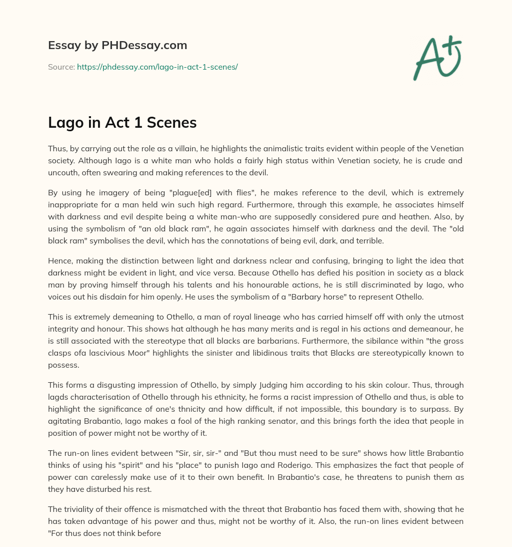 Lago in Act 1 Scenes essay