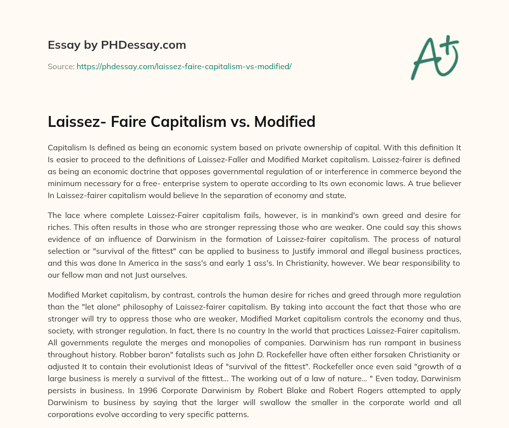 Laissez- Faire Capitalism vs. Modified essay