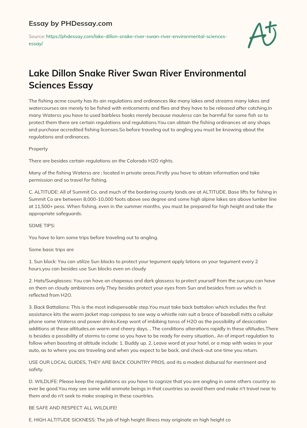 Lake Dillon Snake River Swan River Environmental Sciences Essay essay