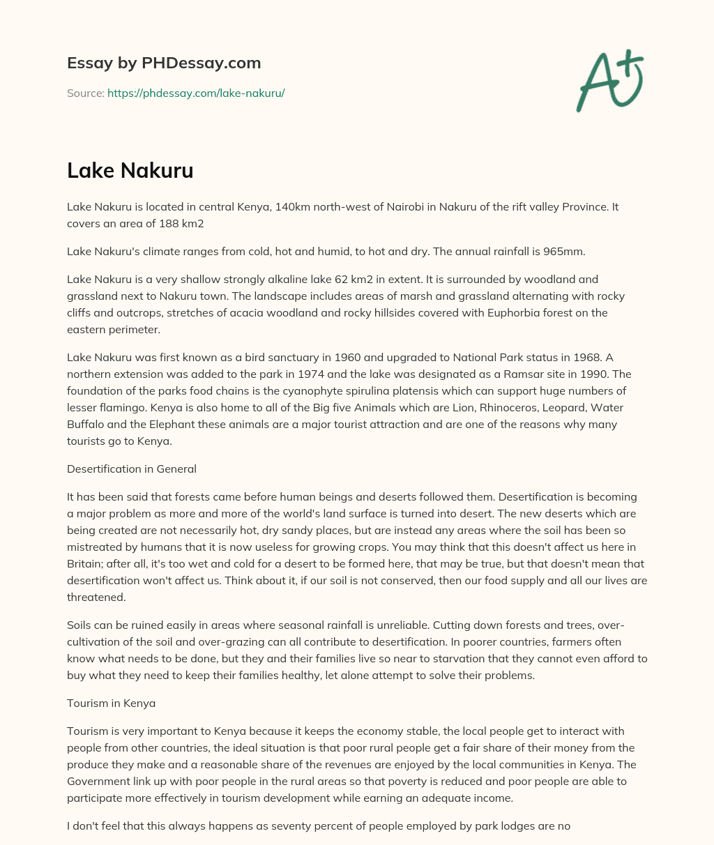 Lake Nakuru: A Shallow Alkaline Lake and National Park in Kenya essay