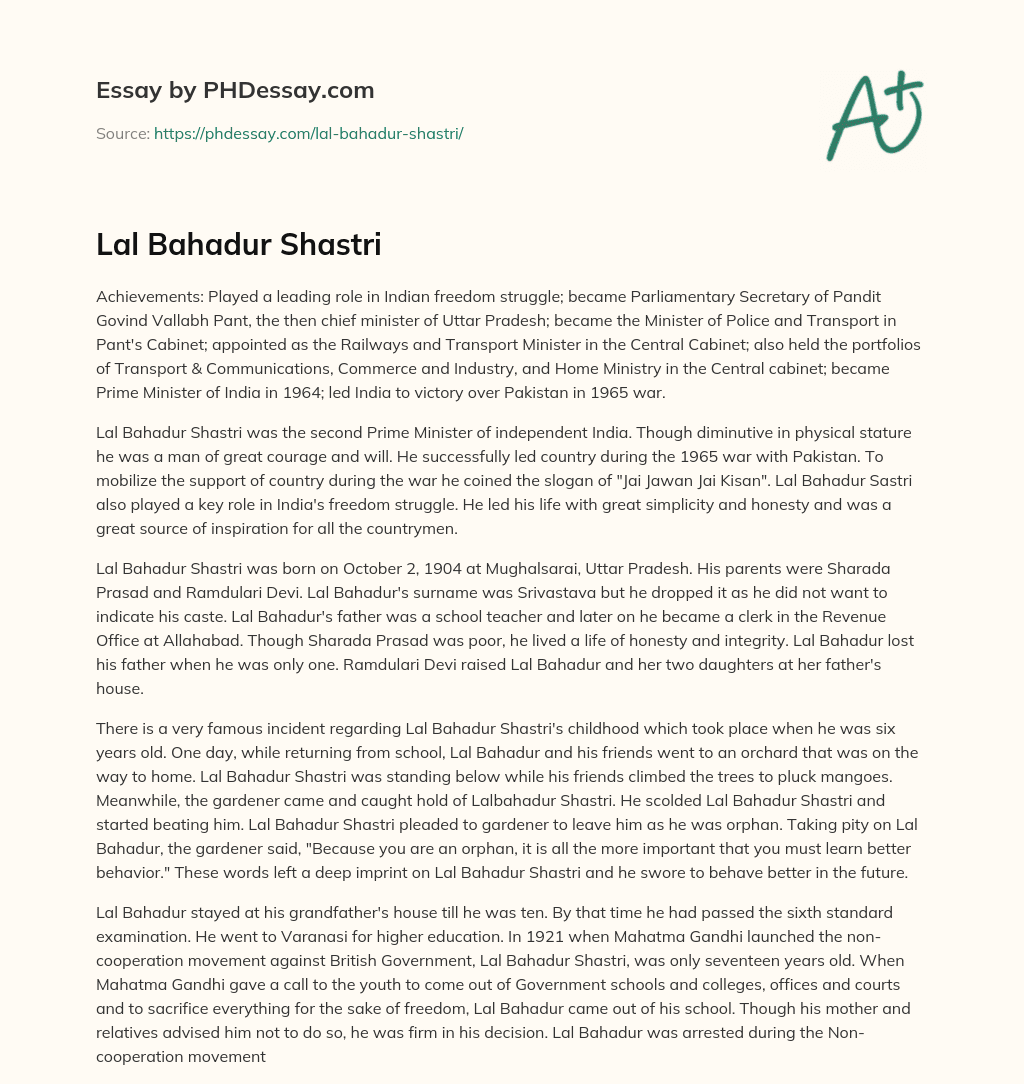 Lal Bahadur Shastri essay