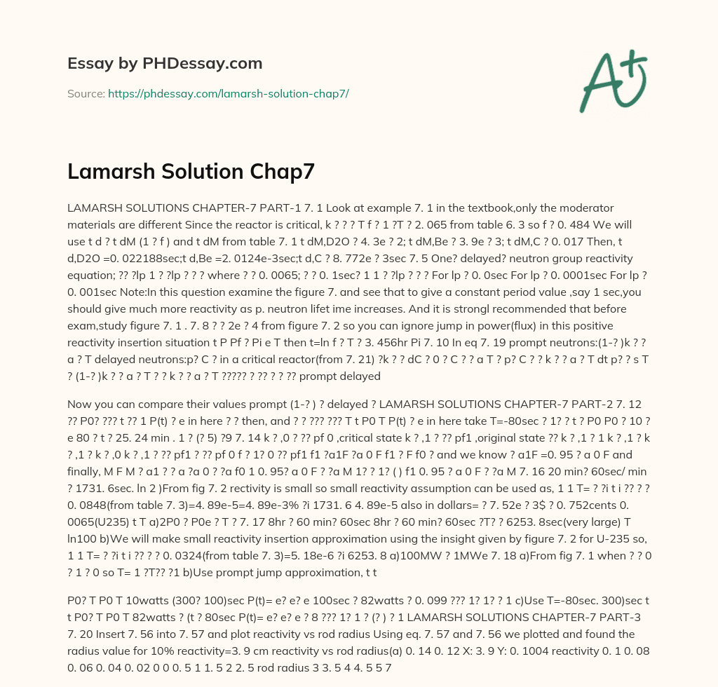 Analysis of Reactor Criticality and Delayed Neutrons in Lamarsh Solutions Chapter 7 Part 1 essay