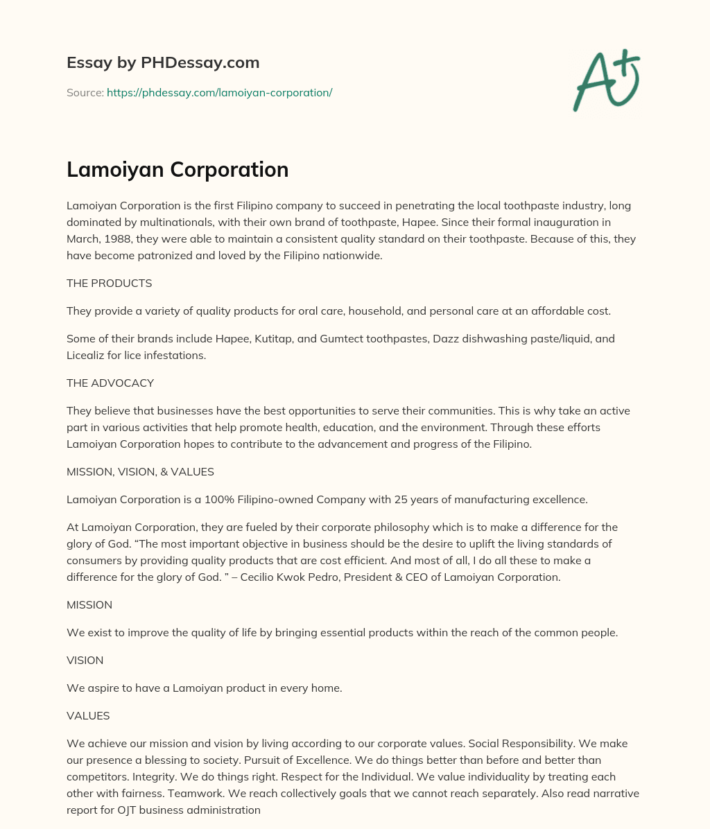 Lamoiyan Corporation essay