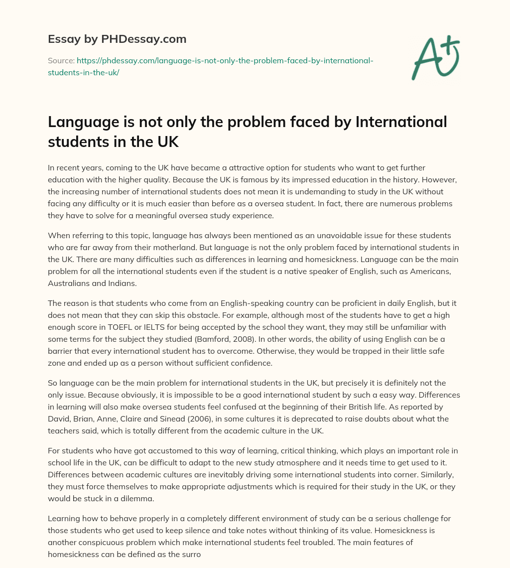 Language is not only the problem faced by International students in the UK essay