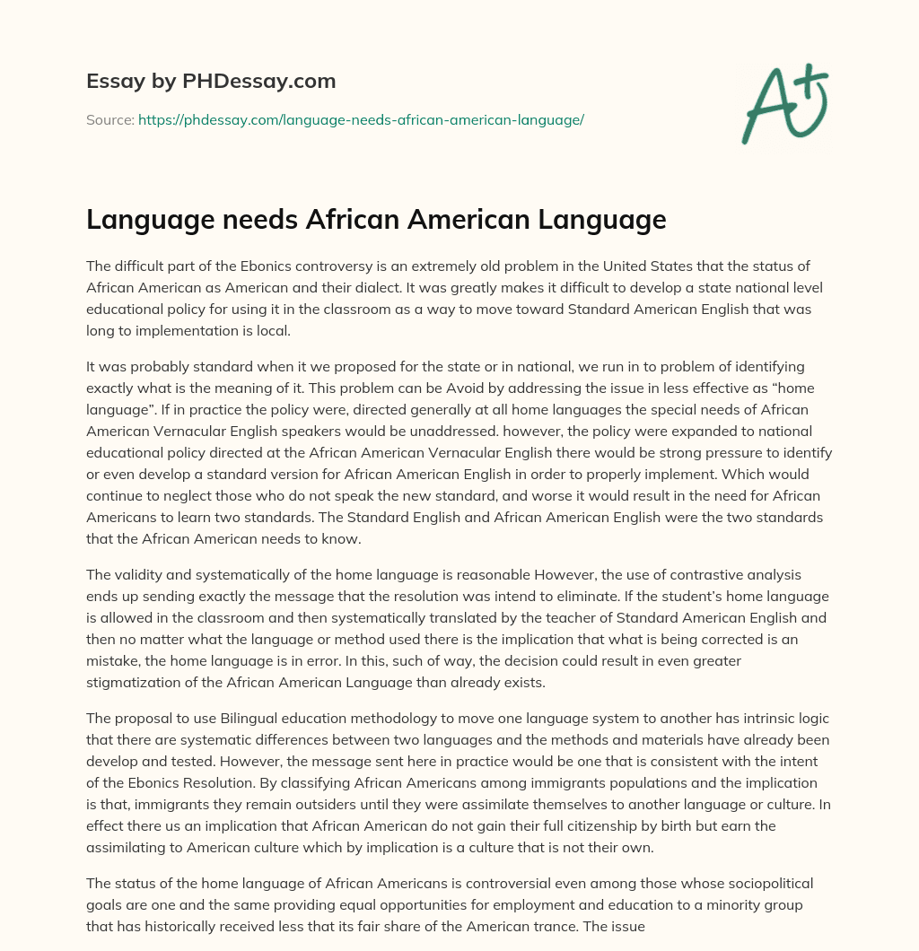 Language needs African American Language essay