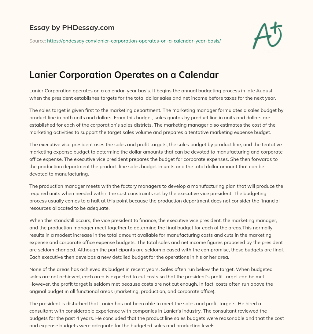 Lanier Corporation Operates on a Calendar essay