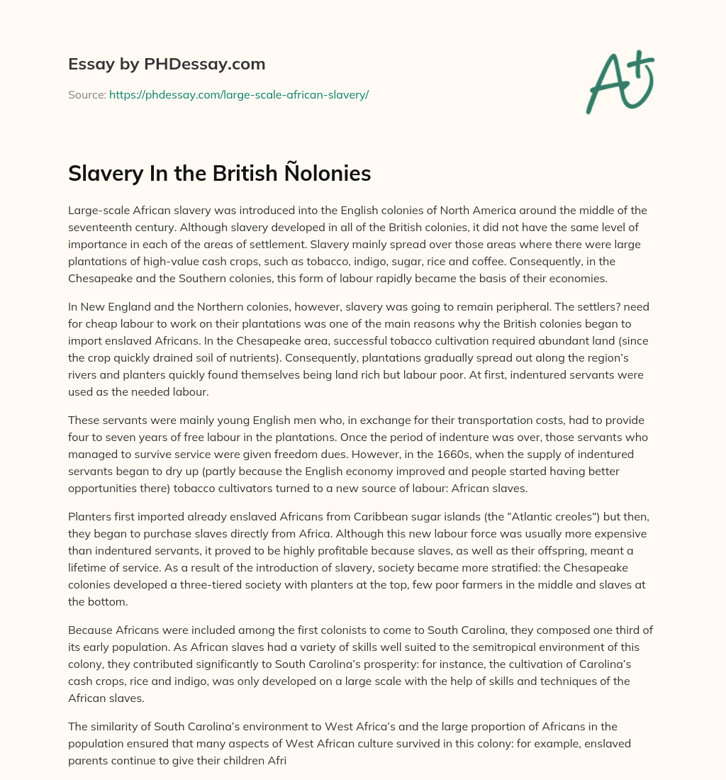 Slavery In the British Ñolonies essay