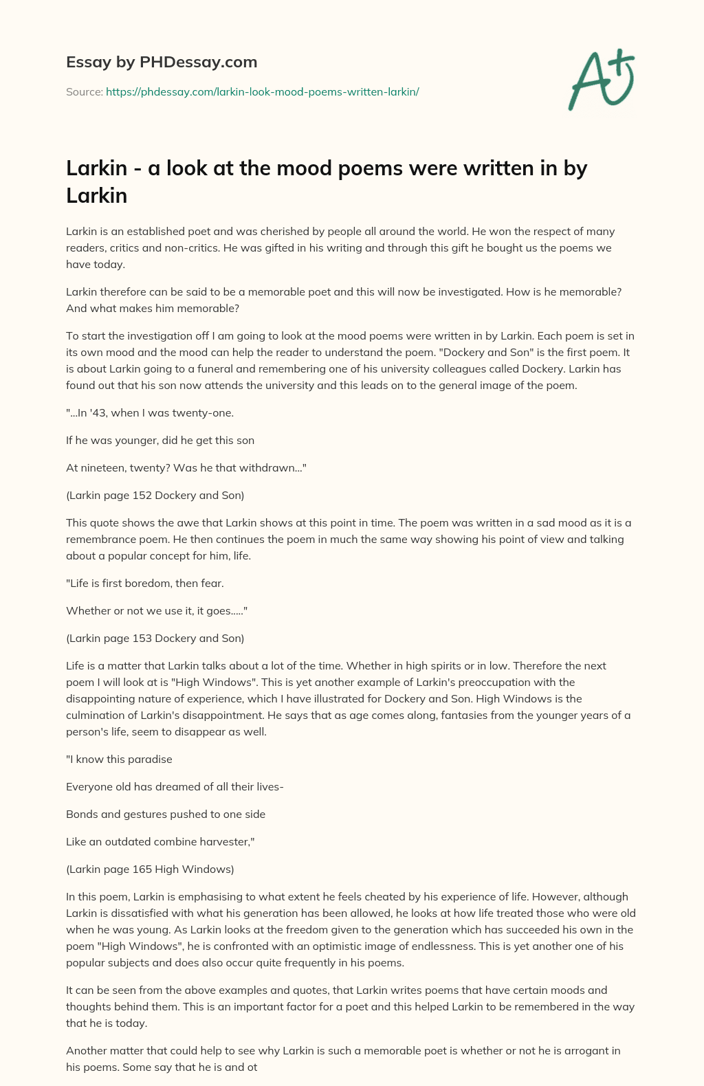 Larkin – a look at the mood poems were written in by Larkin essay