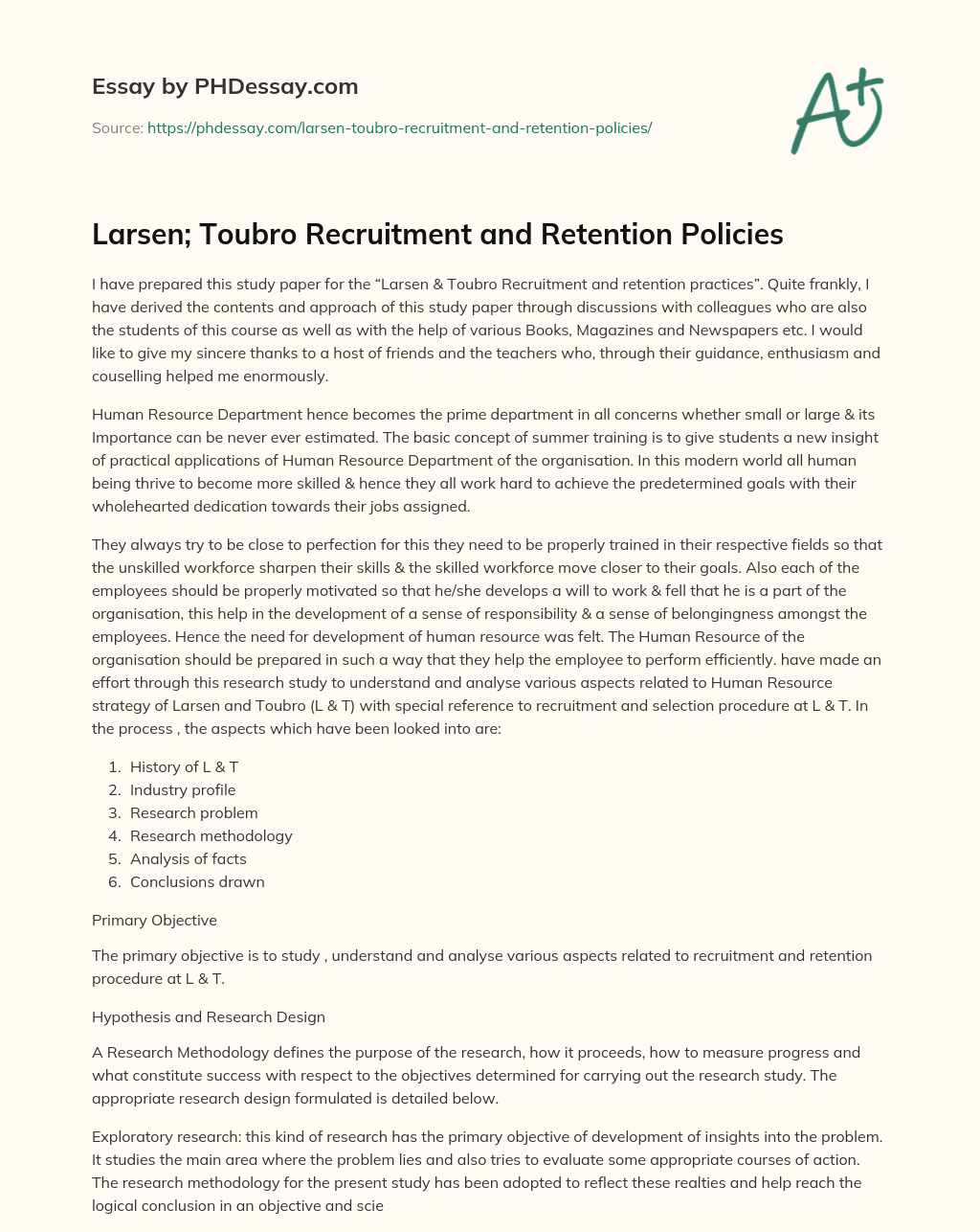 Larsen; Toubro Recruitment and Retention Policies essay