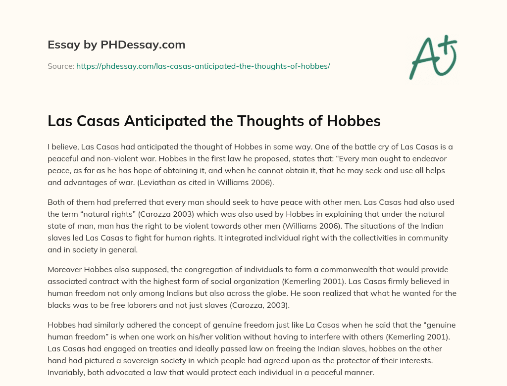 Las Casas Anticipated the Thoughts of Hobbes essay