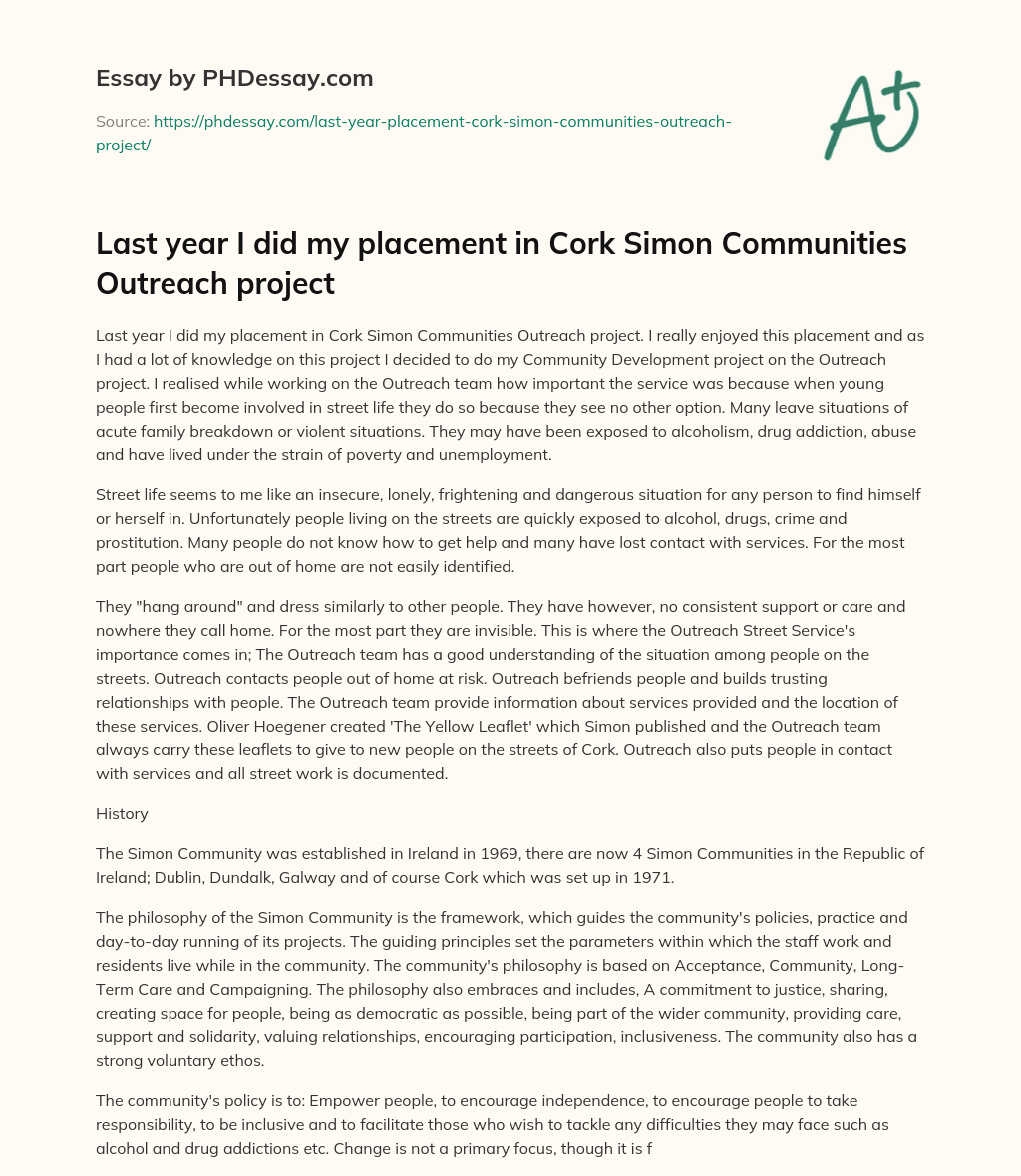 Last year I did my placement in Cork Simon Communities Outreach project essay