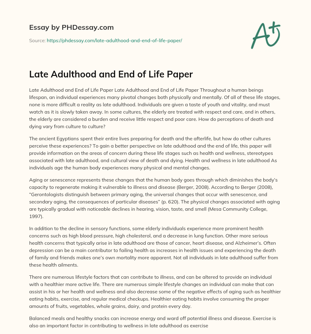 Late Adulthood and End of Life Paper essay
