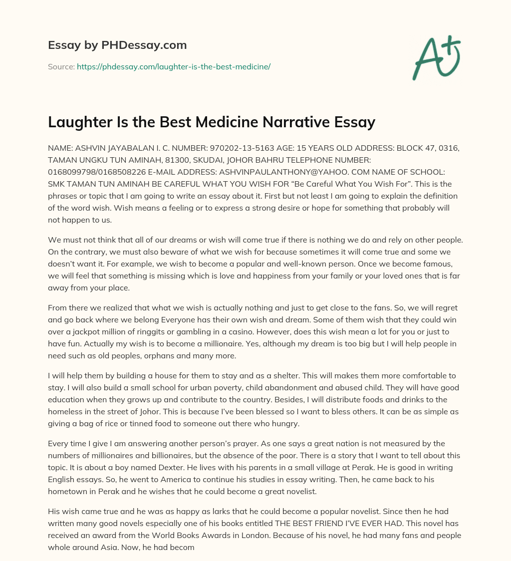 Laughter Is the Best Medicine Narrative Essay essay