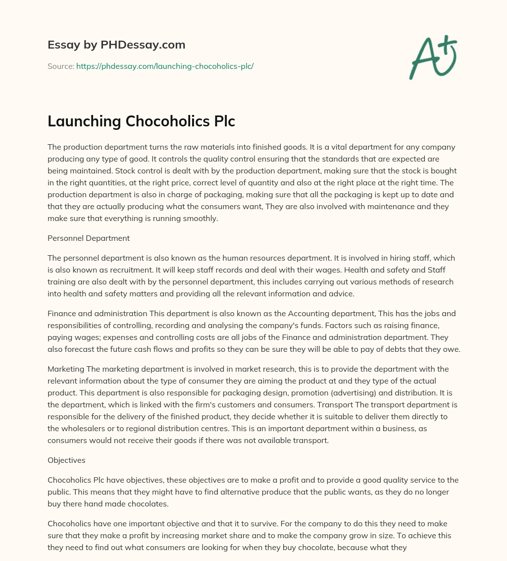 Launching Chocoholics Plc essay