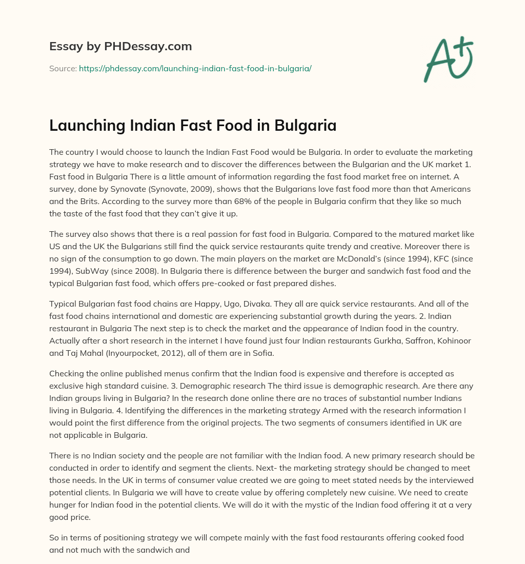 Launching Indian Fast Food in Bulgaria essay