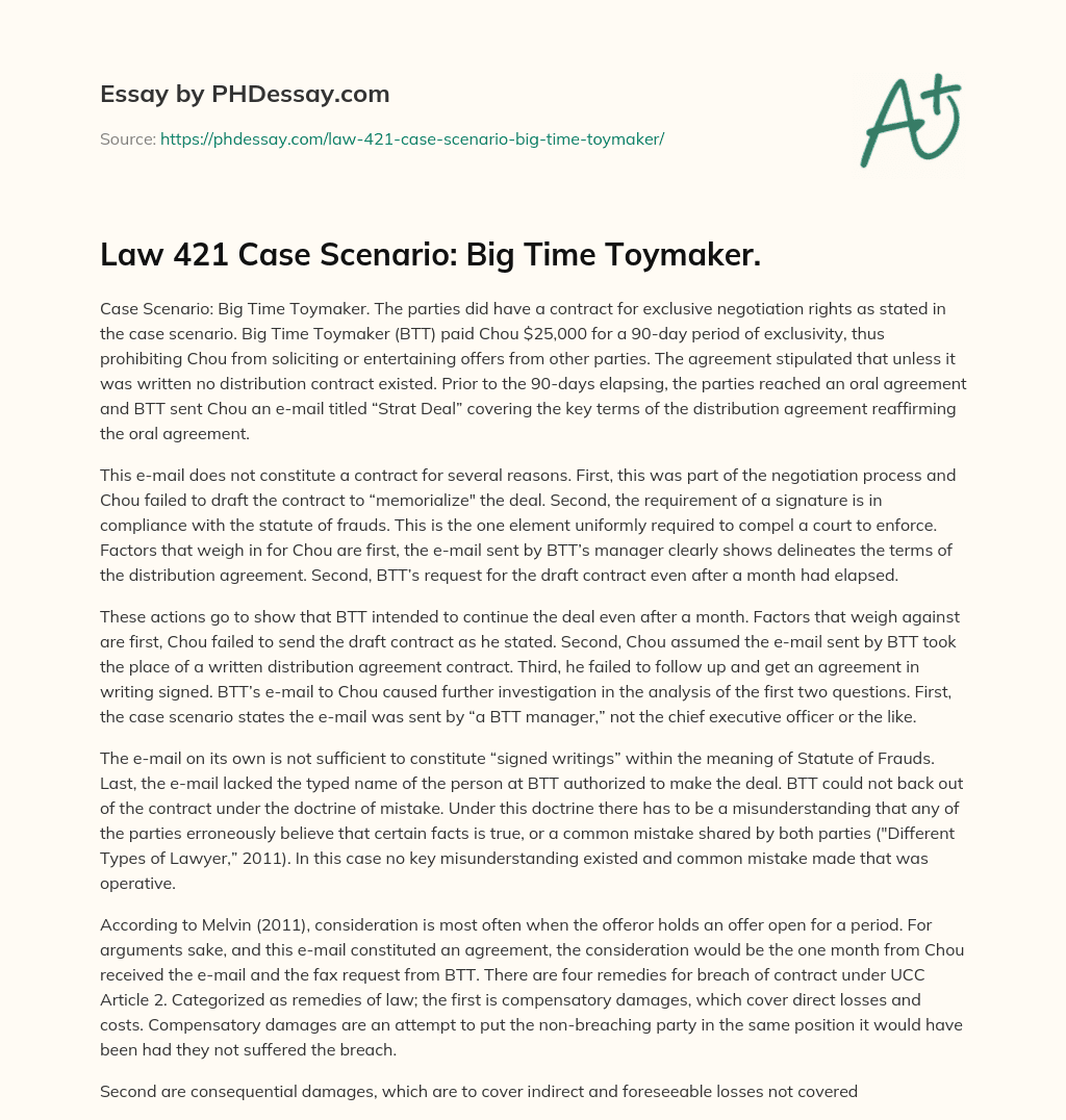 Law 421 Case Scenario: Big Time Toymaker. essay