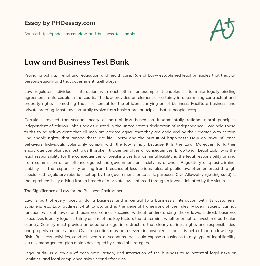 Law and Business Test Bank essay