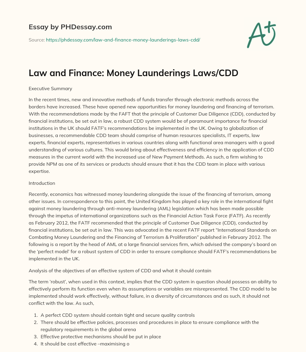 Law and Finance: Money Launderings Laws/CDD essay
