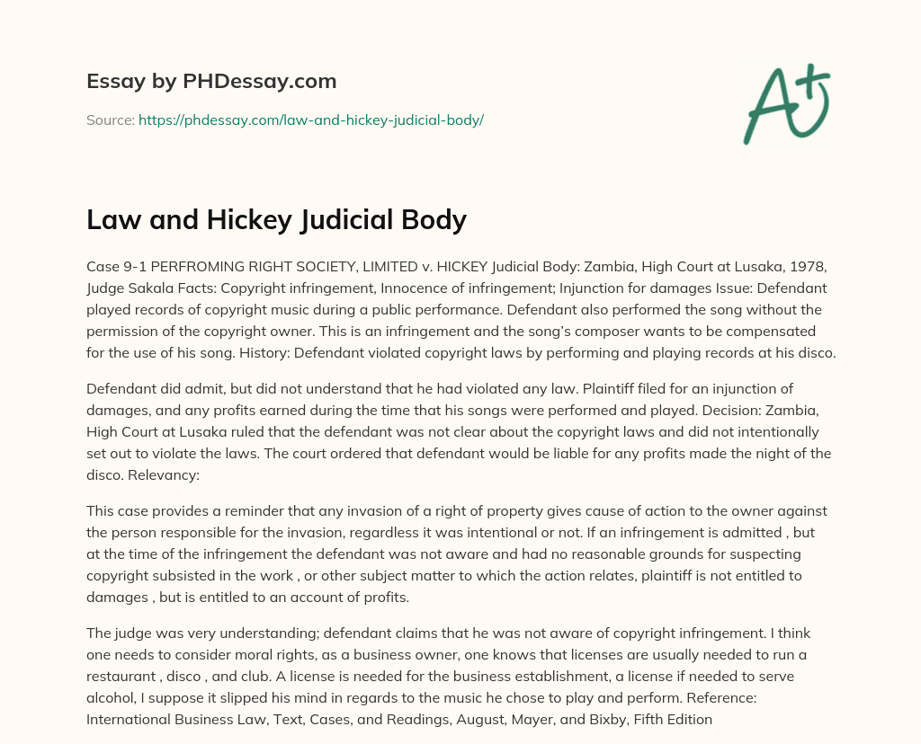 Law and Hickey Judicial Body essay