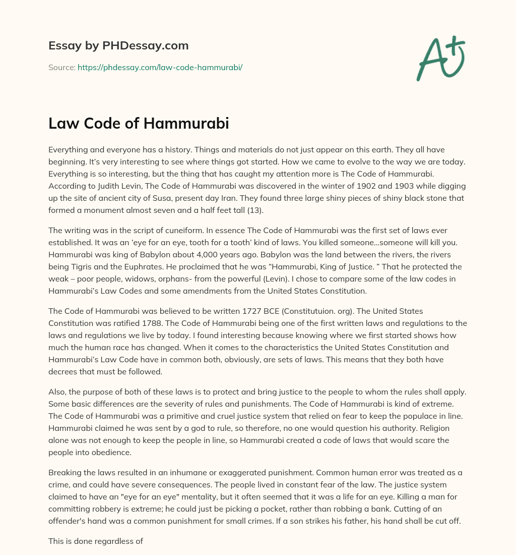 Law Code of Hammurabi essay