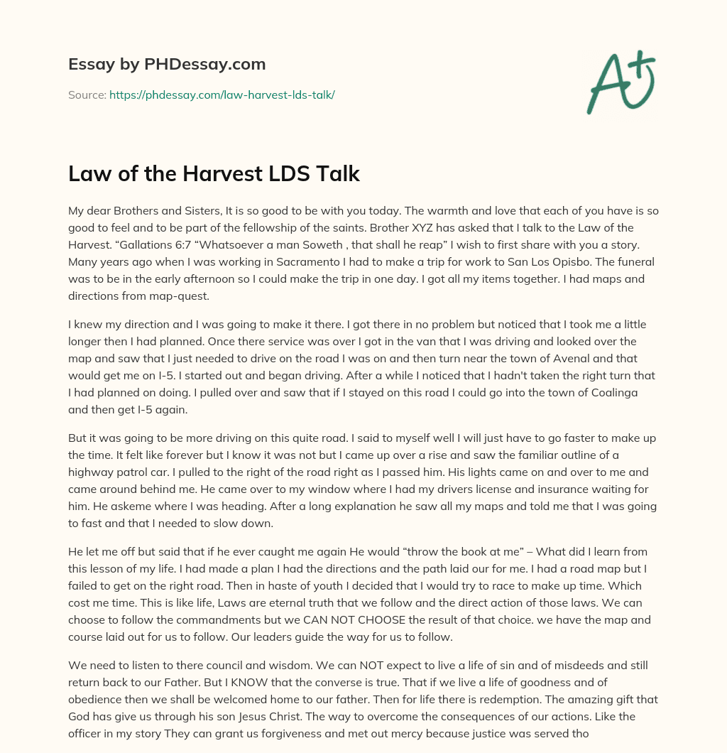 Law of the Harvest LDS Talk essay