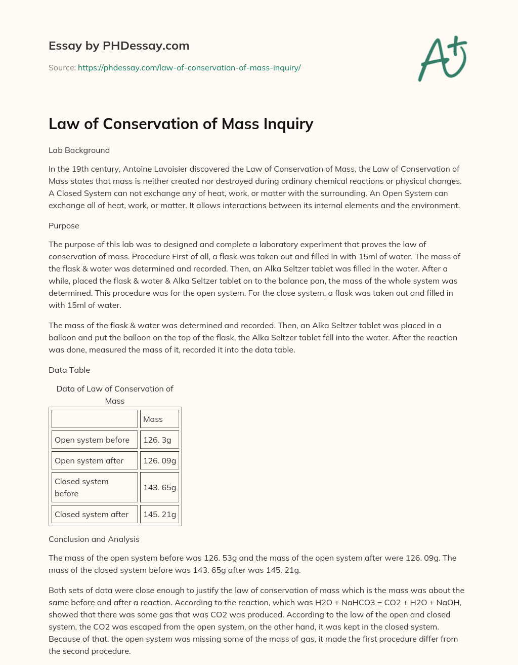 the law of conservation of mass essay