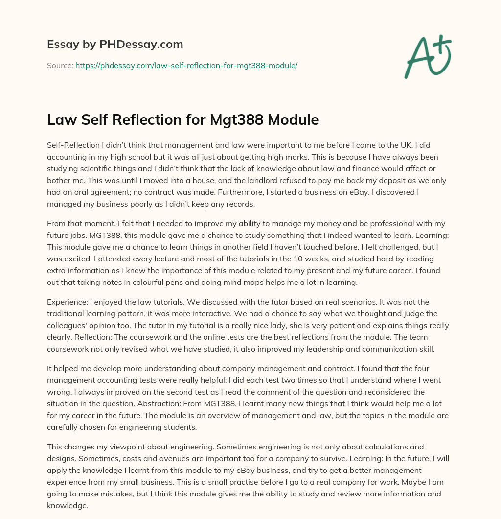 Law Self Reflection for Mgt388 Module essay