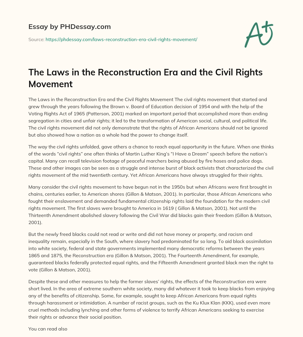 The Laws in the Reconstruction Era and the Civil Rights Movement essay