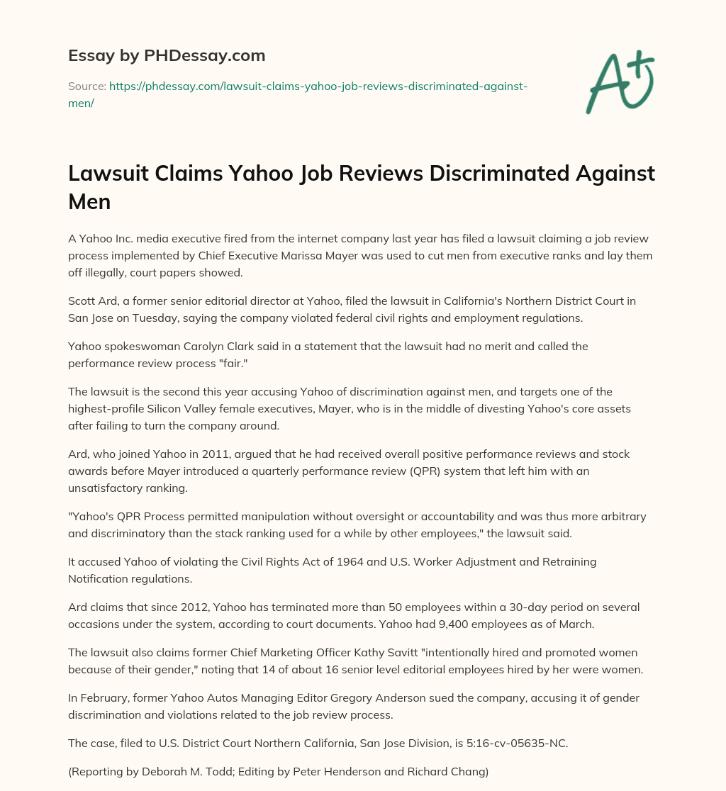 Lawsuit Claims Yahoo Job Reviews Discriminated Against Men essay