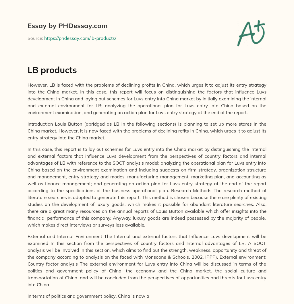 LB’s Entry Strategy into China Market: Factors and Schemes essay