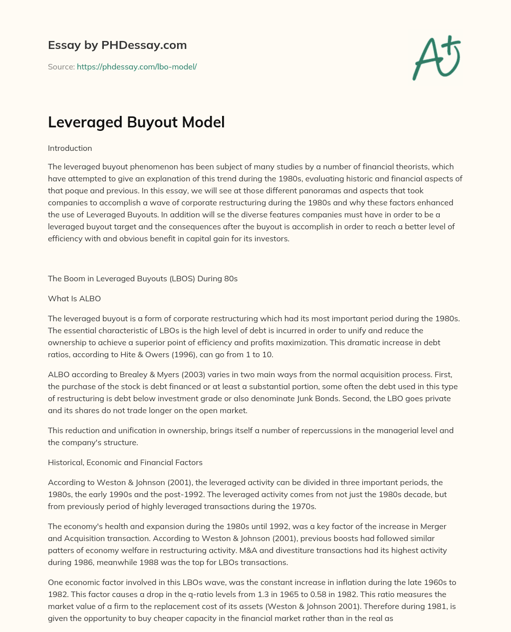 Leveraged Buyout Model essay