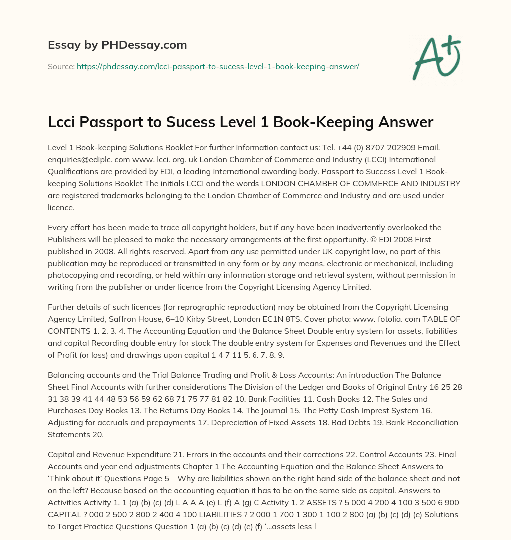 Lcci Passport to Sucess Level 1 Book-Keeping Answer essay