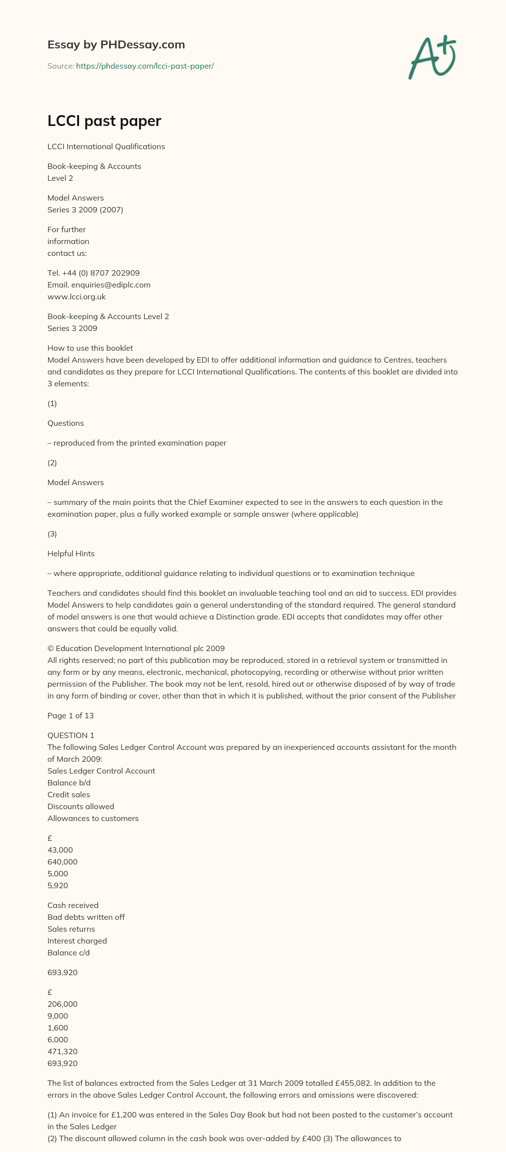 LCCI past paper essay