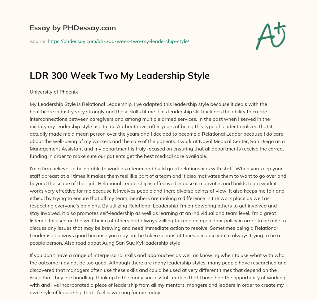 LDR 300 Week Two My Leadership Style essay