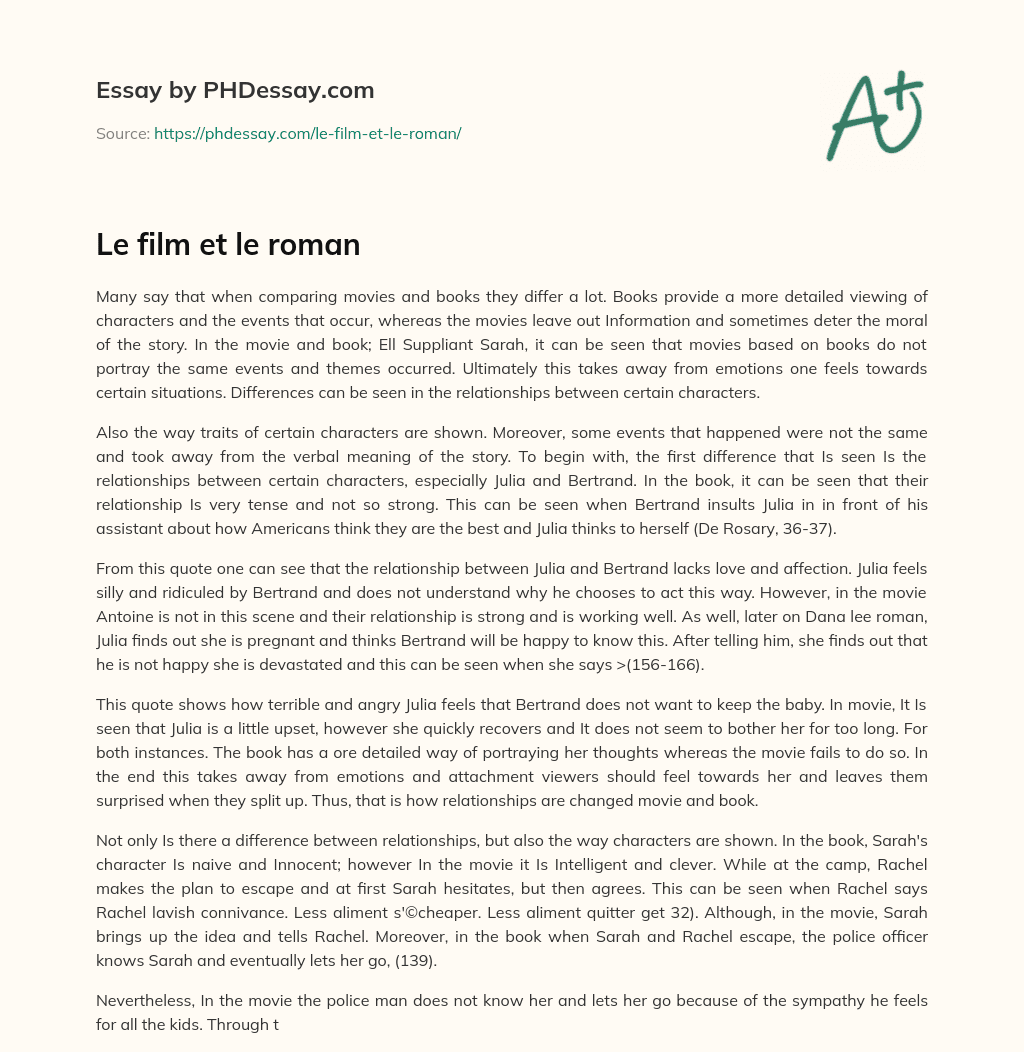 Le film et le roman essay