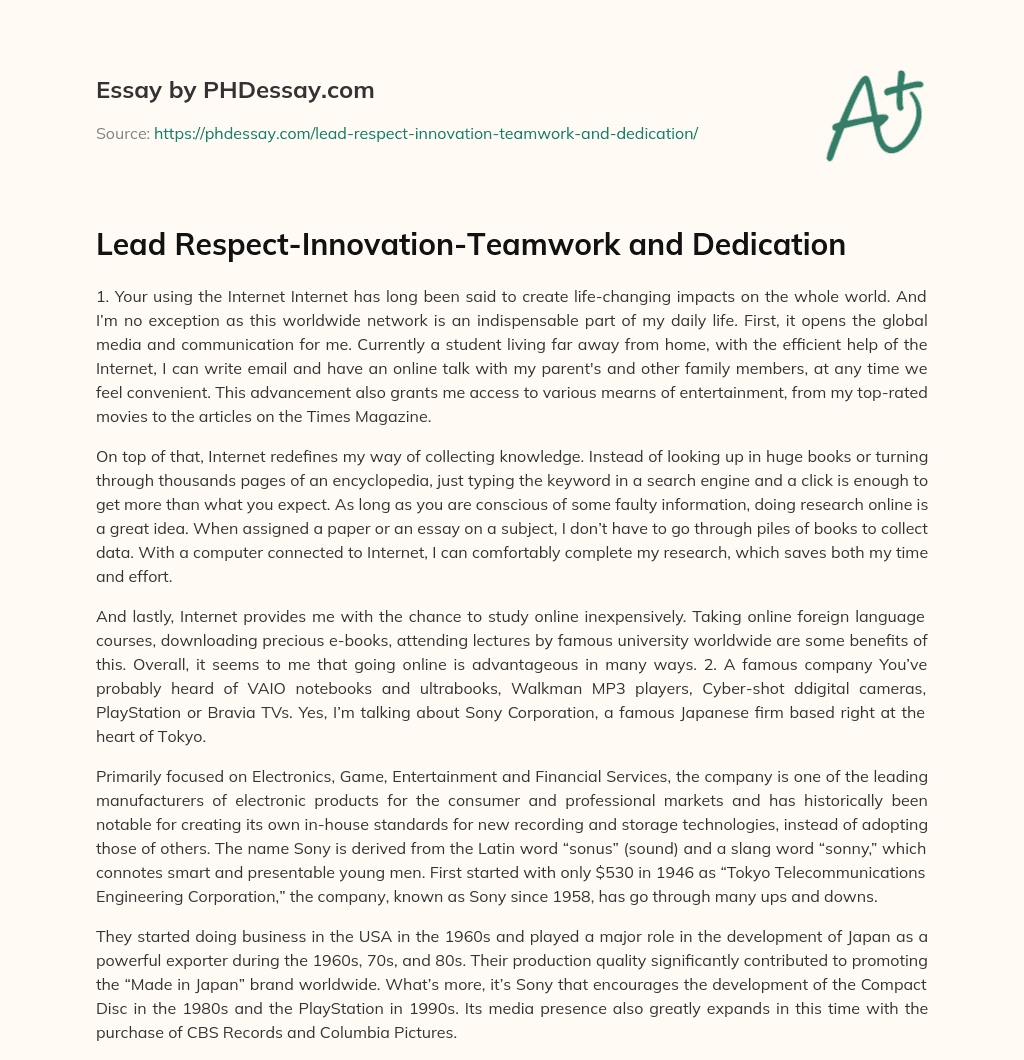 Lead Respect-Innovation-Teamwork and Dedication essay