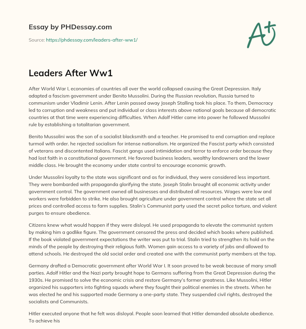 Leaders After Ww1 essay