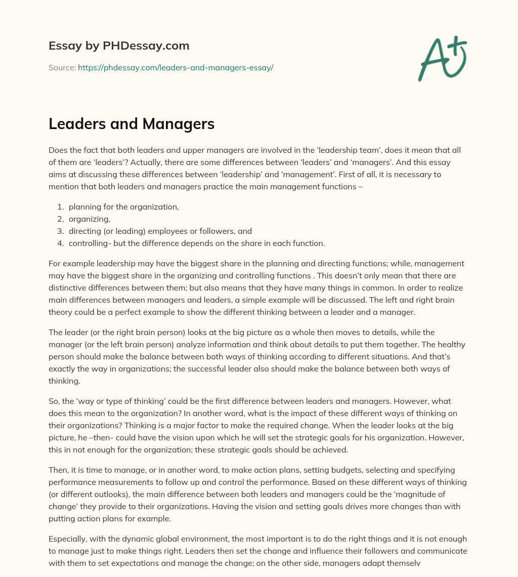 Leaders and Managers essay