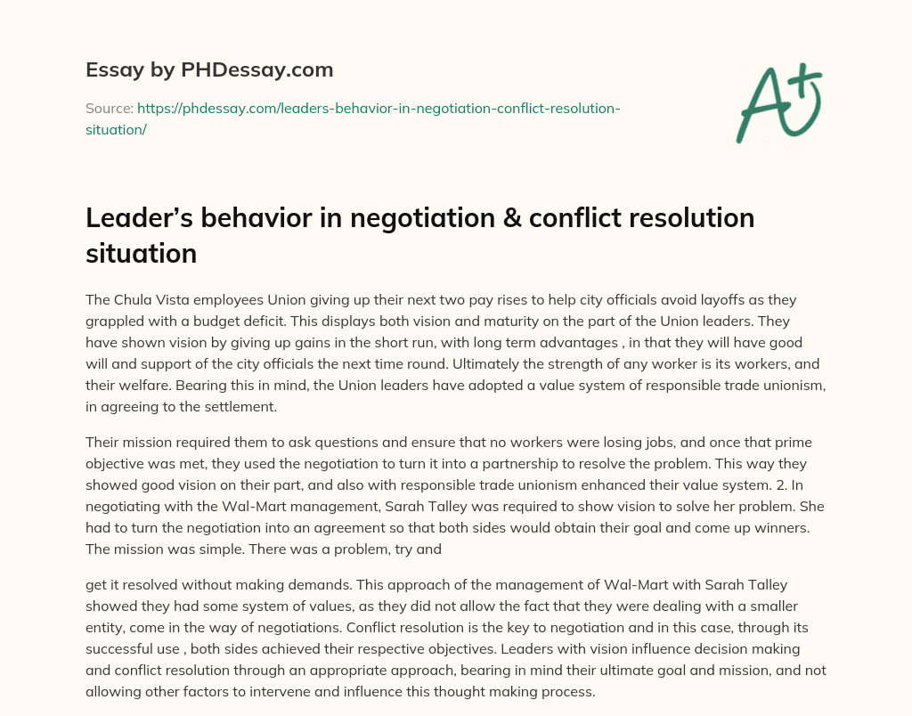 Leader’s behavior in negotiation & conflict resolution situation essay