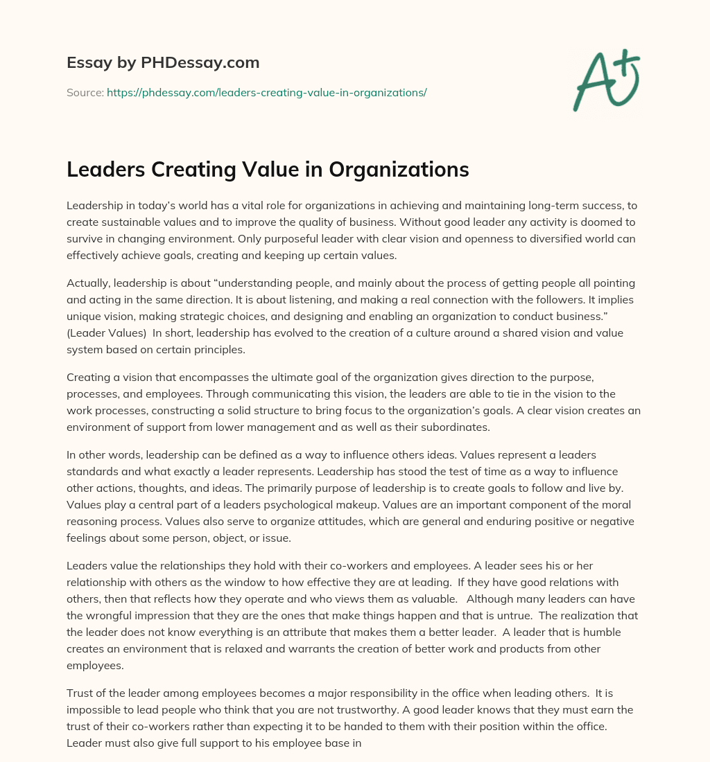 Leaders Creating Value in Organizations essay
