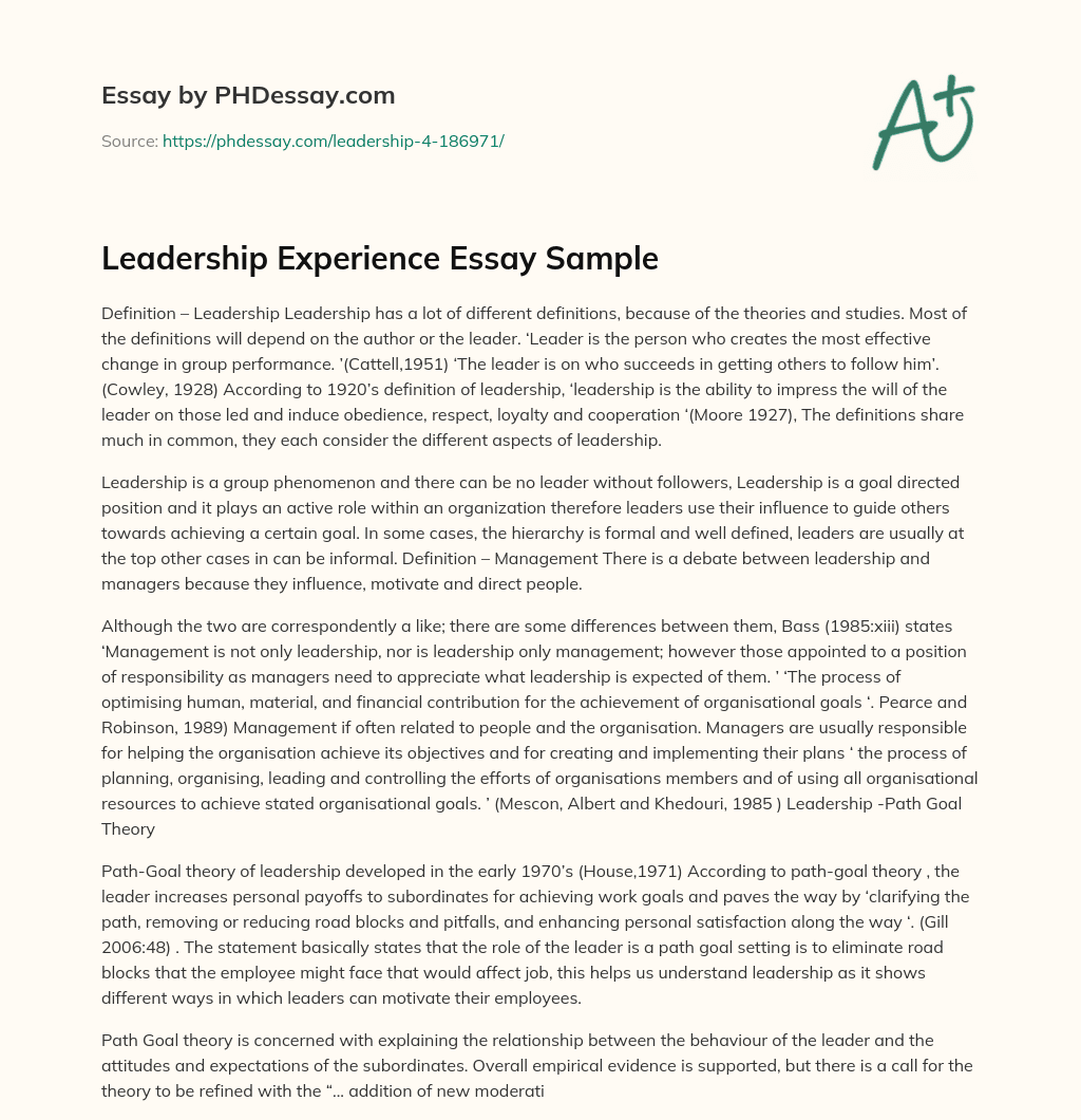 Leadership Experience Essay Sample essay