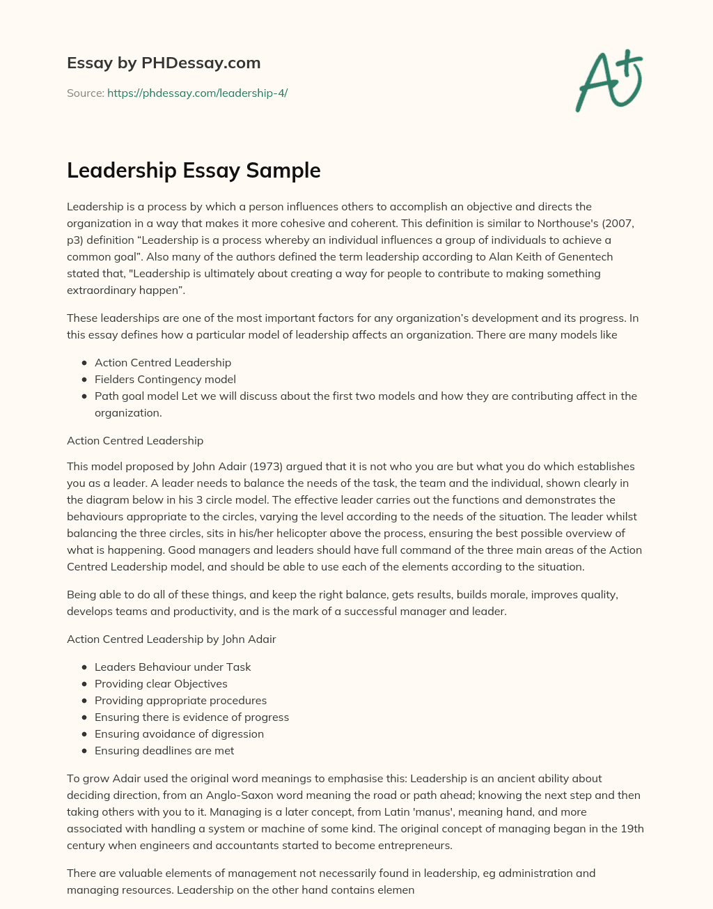 Leadership Essay Sample - PHDessay.com